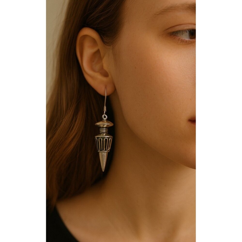 Vintage 925 Sterling Silver Tribal Ethnic Cone Dangle/Drop Statement Earrings